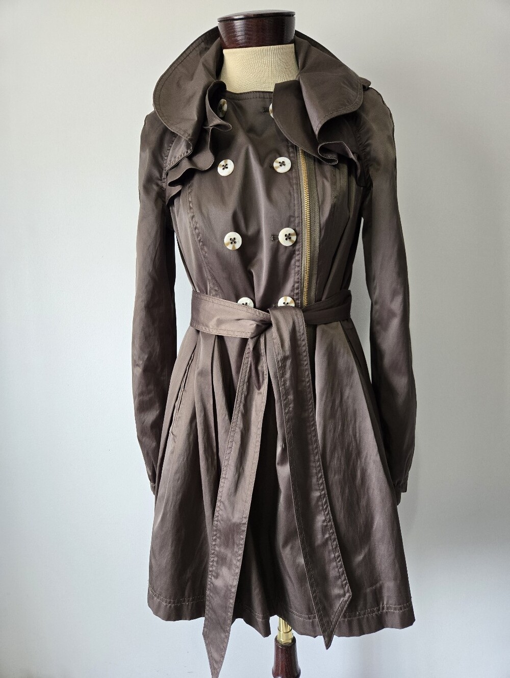elevenses Anthropologie Chocolate Brown Satin Trench Coat with Belt And Ruffles.